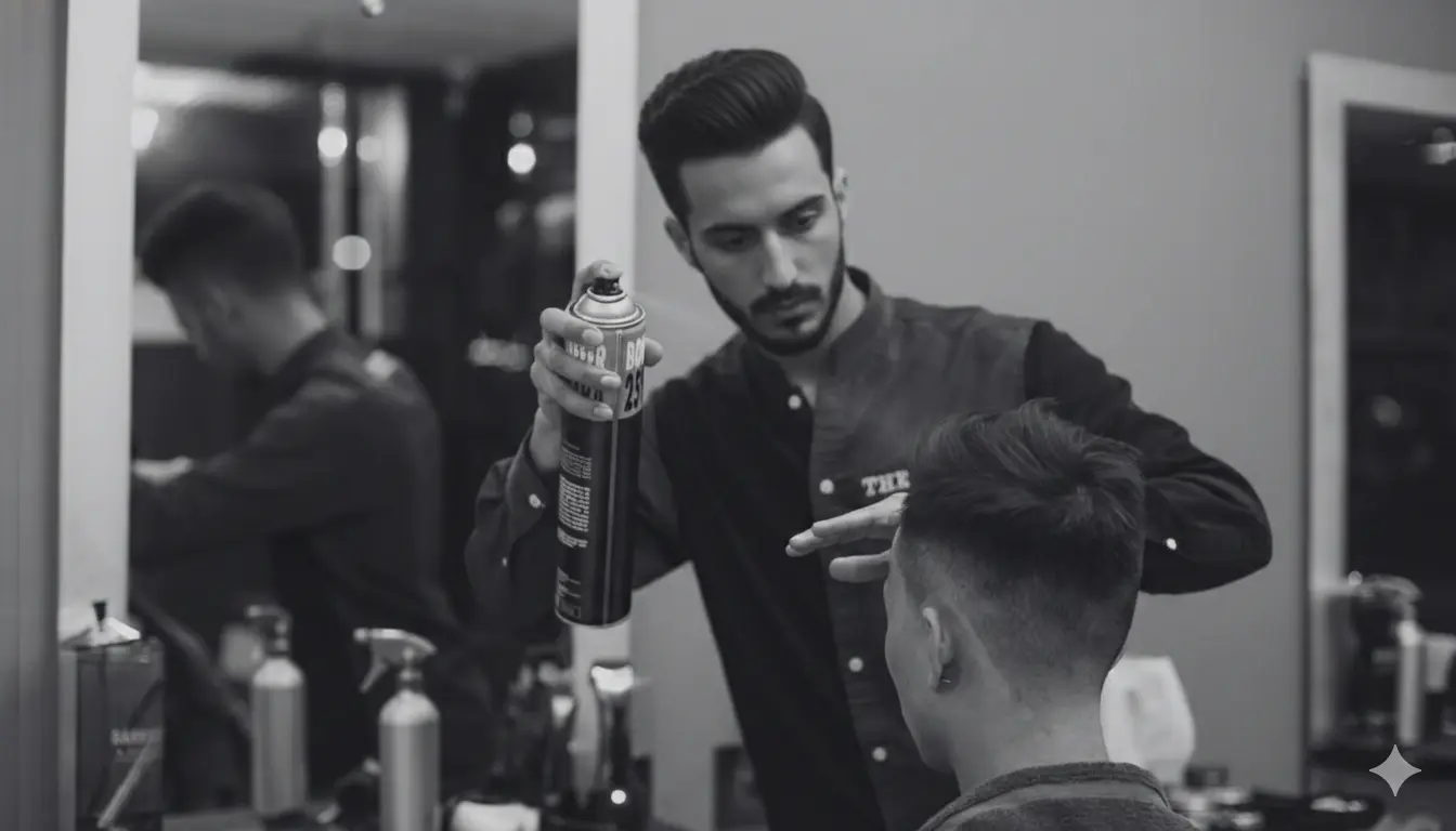 Barber styling a client hair in black and white
